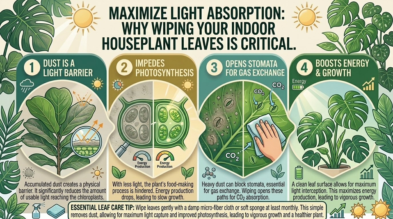 Why wiping dust off your indoor houseplant leaves dramatically improves their ability to absorb light.