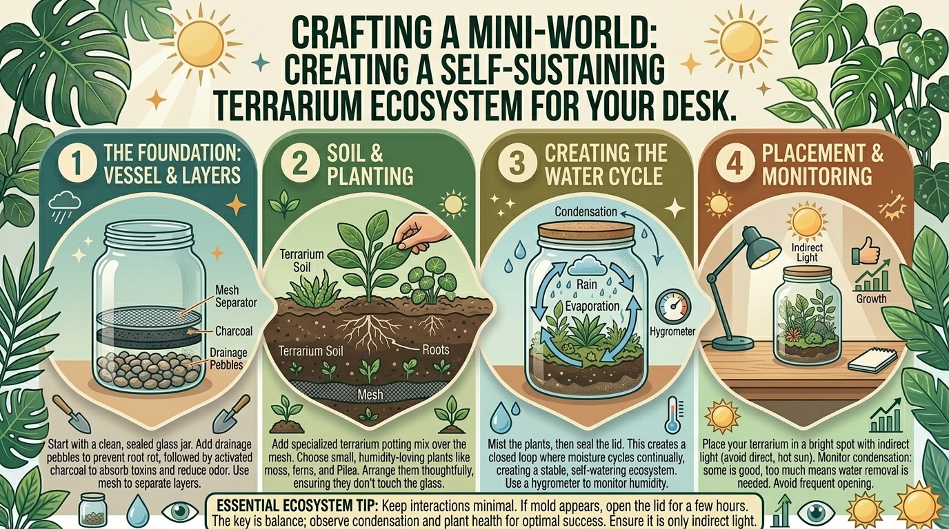How to create a self-sustaining terrarium ecosystem inside a large glass jar for your desk.