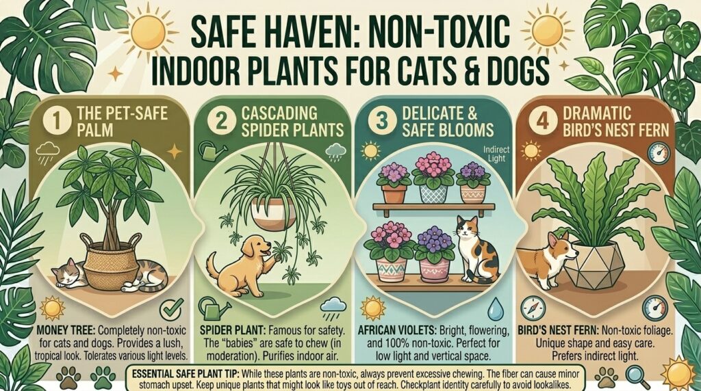 What are the best non-toxic indoor houseplants that are completely safe for cats and dogs?