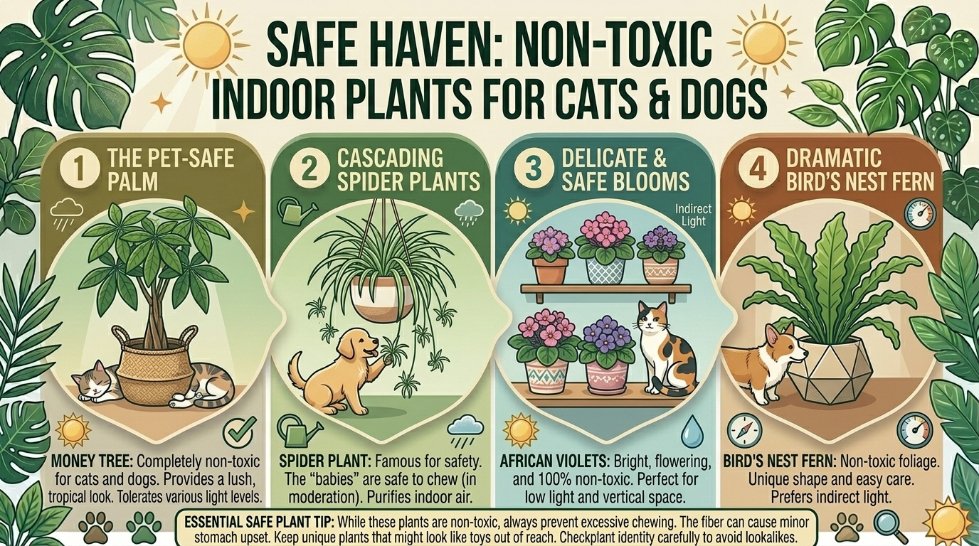 What are the best non-toxic indoor houseplants that are completely safe for cats and dogs?