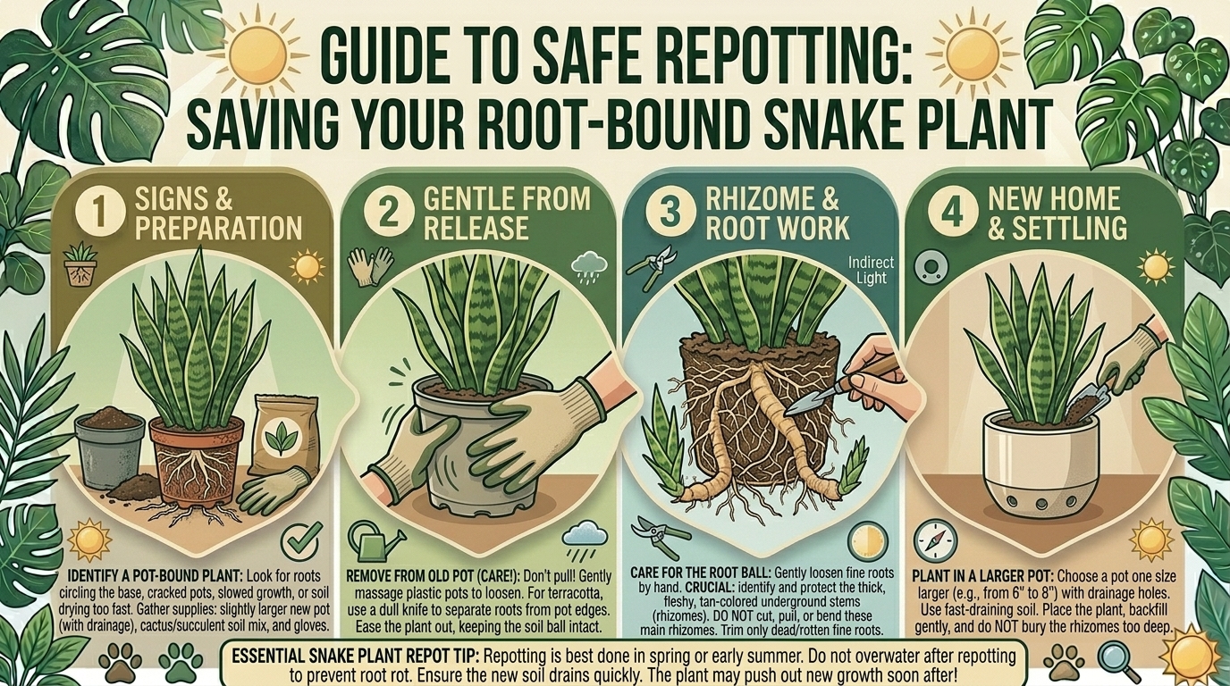 How to repot a root-bound indoor snake plant without damaging its thick underground rhizome structures.