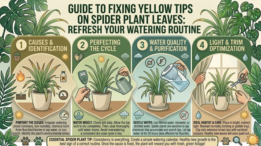 Why yellow tips on spider plant leaves happen and how to fix your watering routine naturally.
