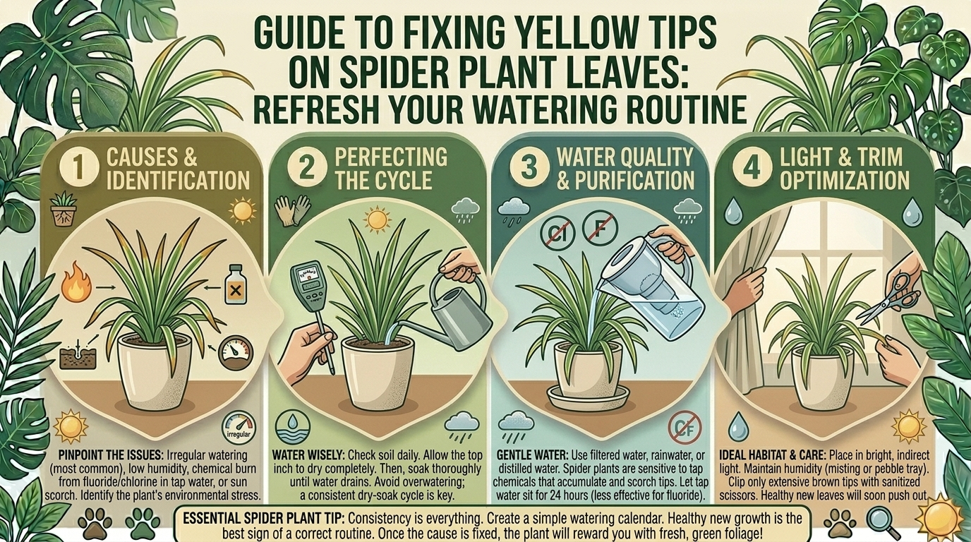 Why yellow tips on spider plant leaves happen and how to fix your watering routine naturally.