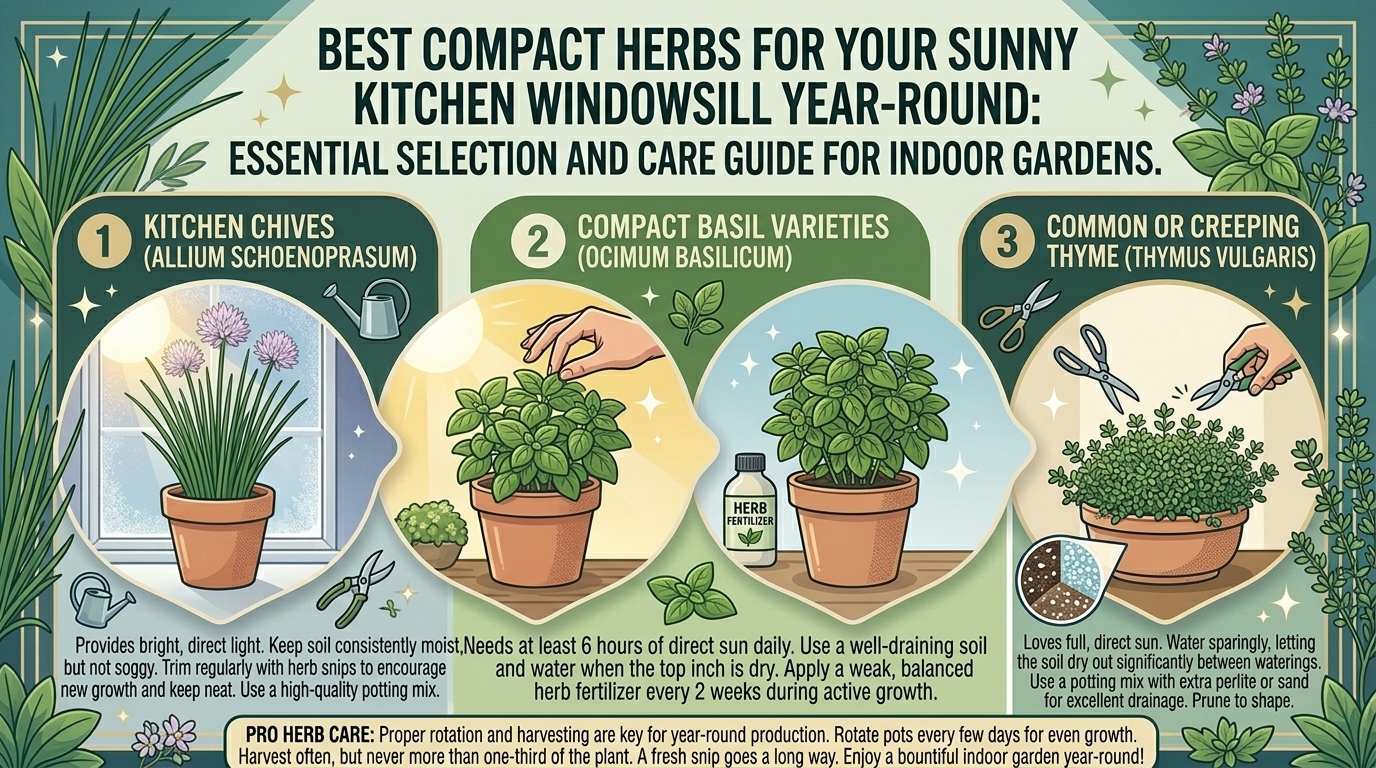 What are the best compact herbs you can grow on a sunny kitchen windowsill year-round?