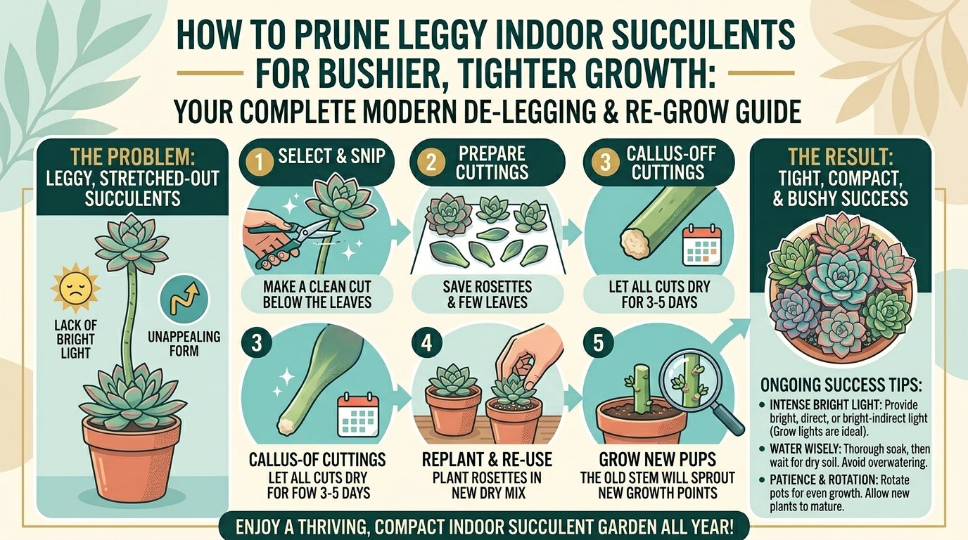 How to prune leggy indoor succulent plants to encourage bushier and tighter growth patterns.