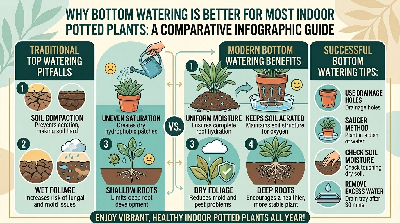 Why bottom watering is better for most indoor potted plants than traditional top watering methods.