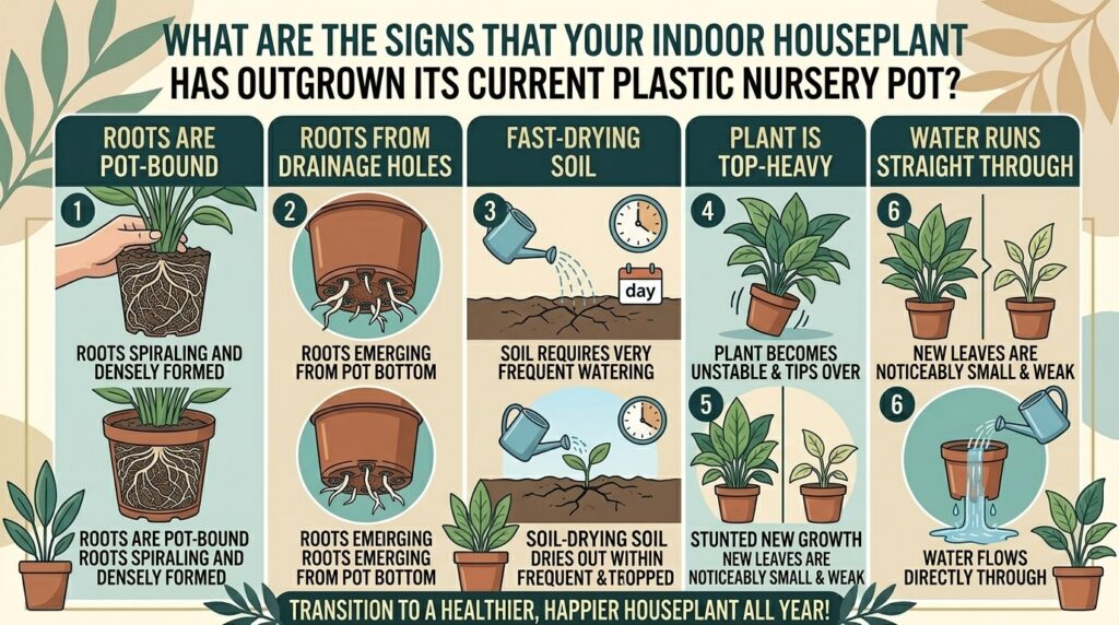 What are the signs that your indoor houseplant has outgrown its current plastic nursery pot?
