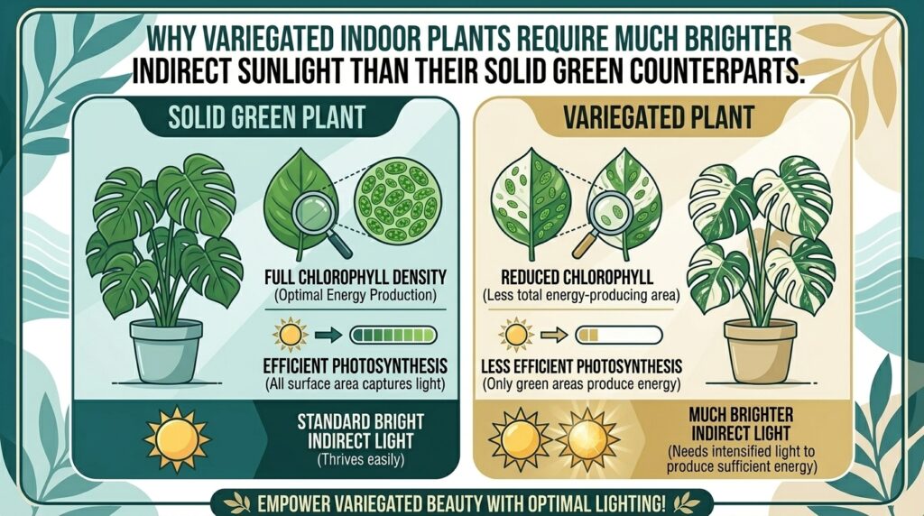 Why variegated indoor plants require much brighter indirect sunlight than their solid green counterparts.