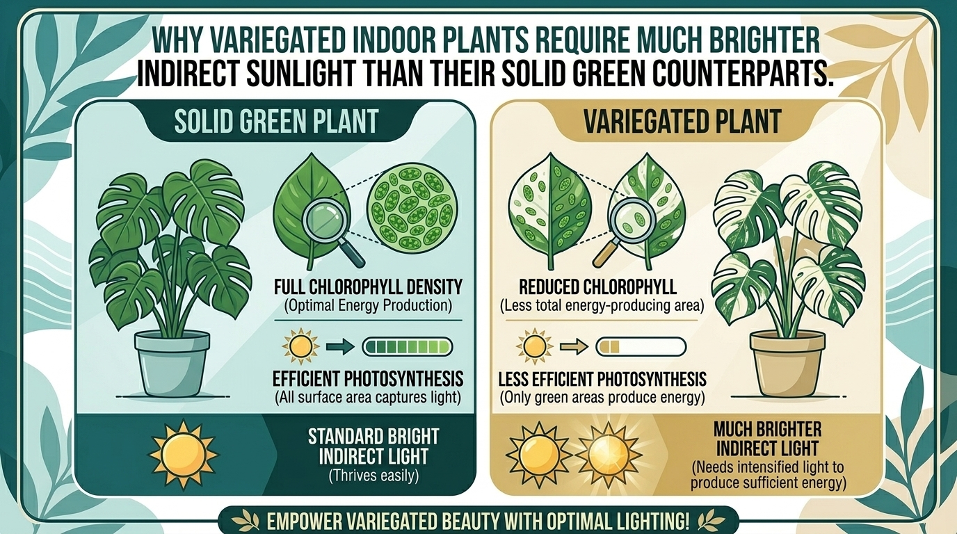 Why variegated indoor plants require much brighter indirect sunlight than their solid green counterparts.