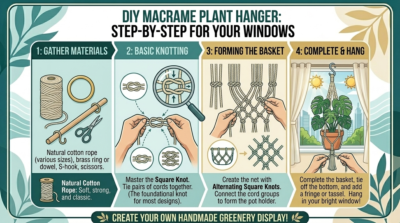 How to make a DIY macrame plant hanger using natural cotton rope for your windows.