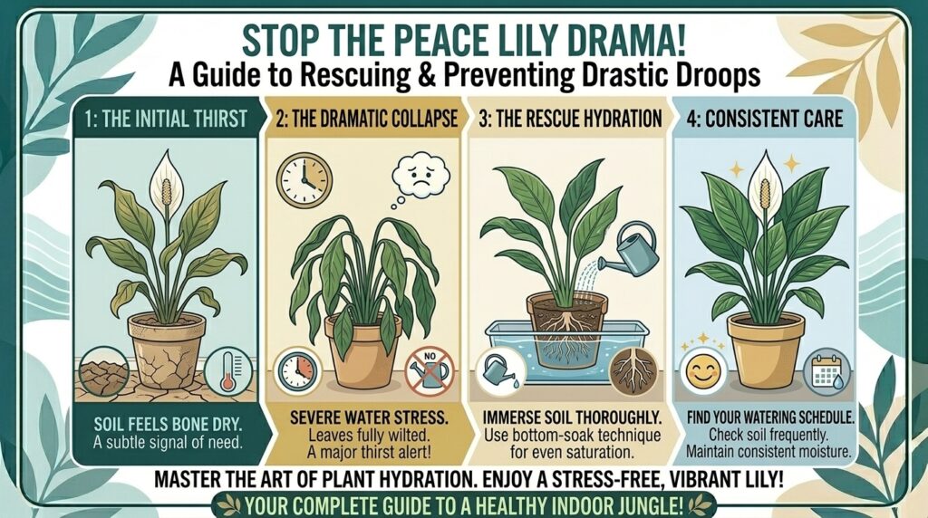 How to stop your indoor peace lily from drooping dramatically when it gets thirsty.