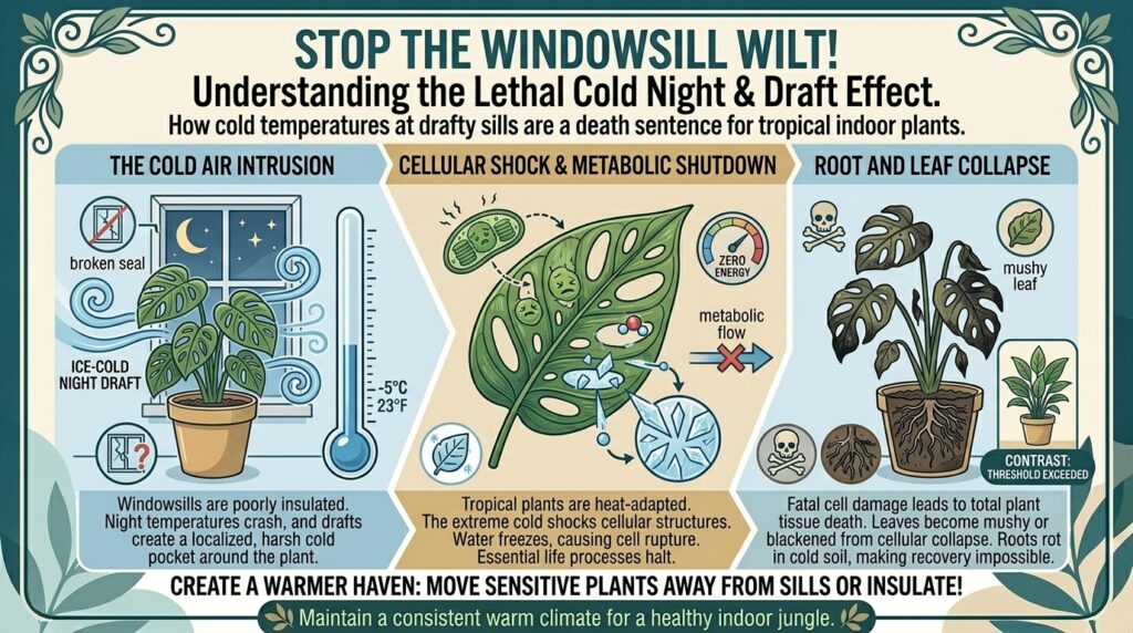 Why drafty windowsills can kill tropical indoor houseplants during cold winter night temperatures.