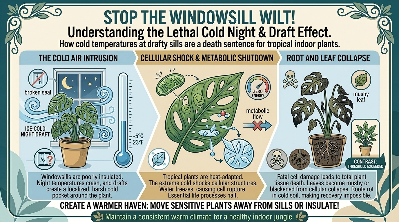 Why drafty windowsills can kill tropical indoor houseplants during cold winter night temperatures.