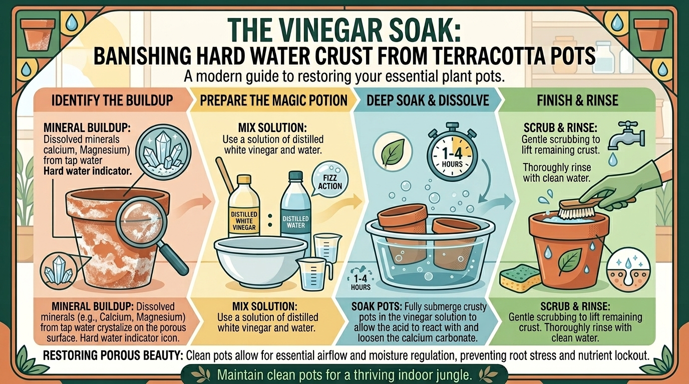 How to clean hard water mineral crust buildup off terracotta pots using vinegar and water.