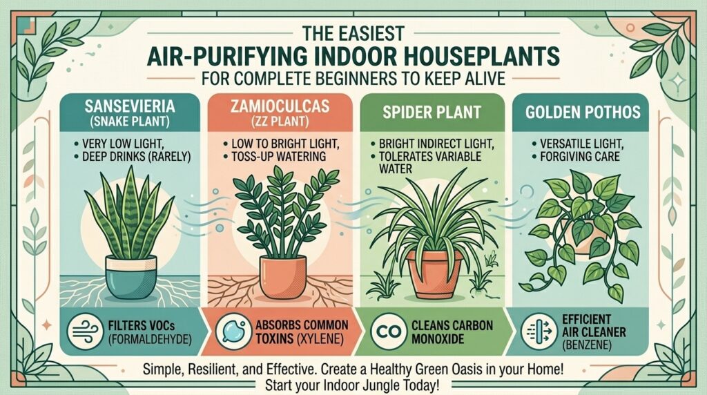 What are the easiest air-purifying indoor houseplants for complete beginners to keep alive?