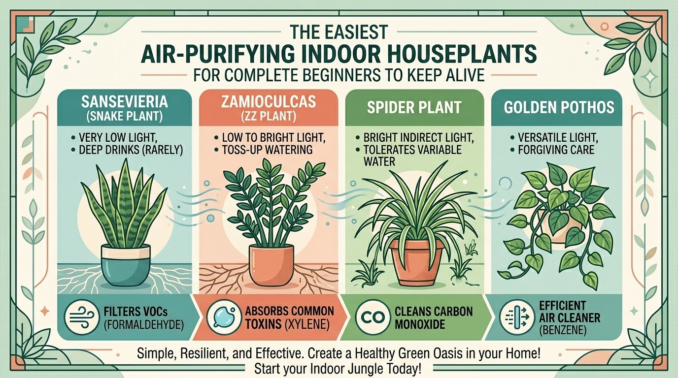 What are the easiest air-purifying indoor houseplants for complete beginners to keep alive?