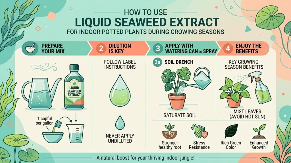 How to use liquid seaweed extract to fertilize your indoor potted plants during growing seasons.