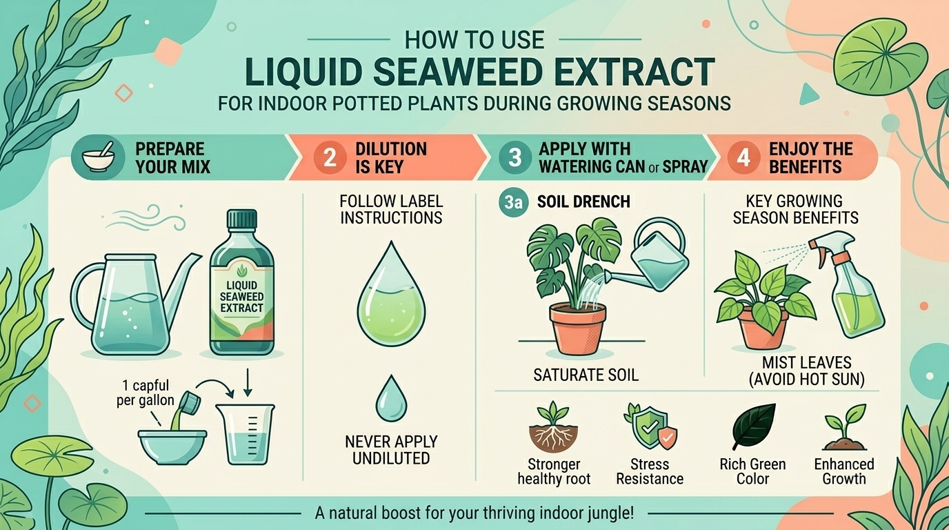 How to use liquid seaweed extract to fertilize your indoor potted plants during growing seasons.