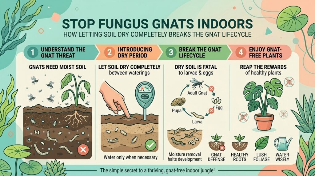 Why letting potting soil dry out completely between waterings prevents fungus gnats indoors.