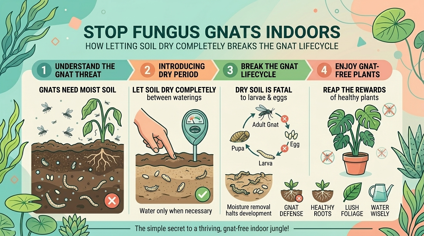 Why letting potting soil dry out completely between waterings prevents fungus gnats indoors.