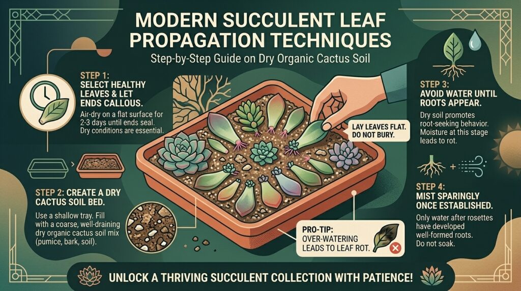 How to propagate succulent leaf cuttings on a tray filled with dry organic cactus soil.