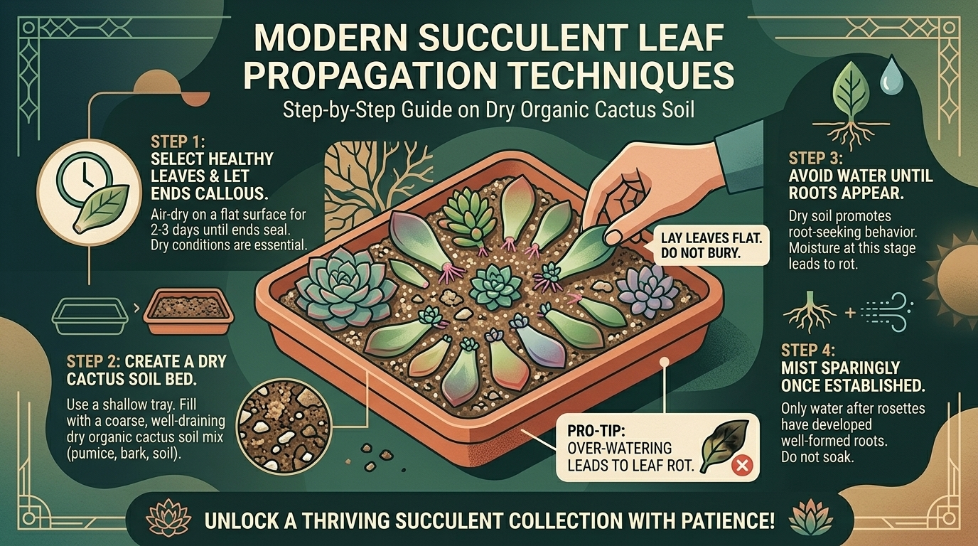 How to propagate succulent leaf cuttings on a tray filled with dry organic cactus soil.