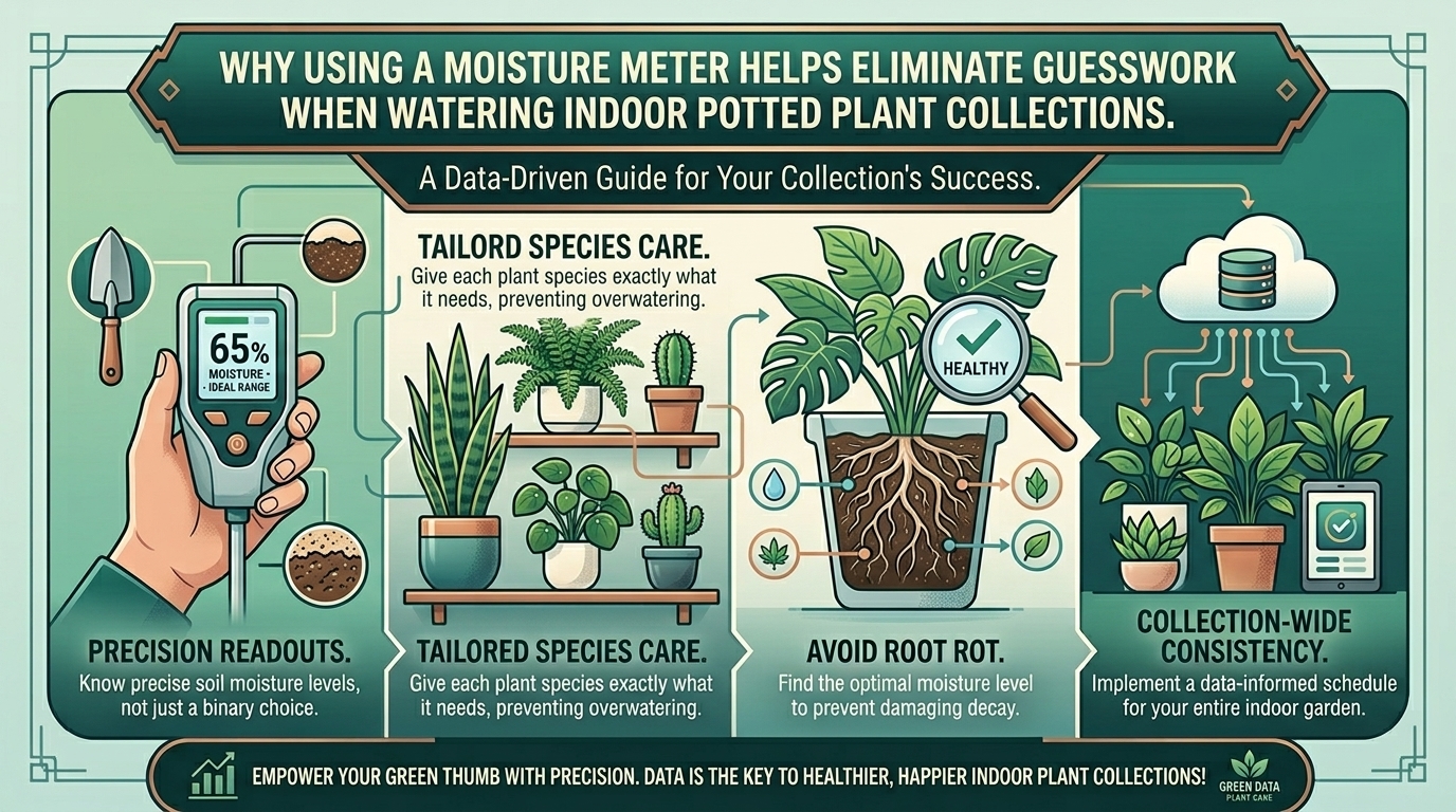 Why using a moisture meter helps eliminate guesswork when watering indoor potted plant collections.
