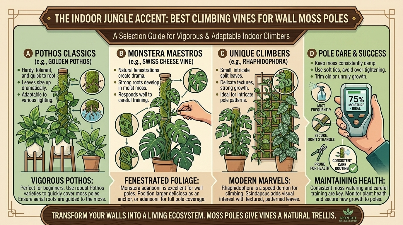 What are the best indoor climbing vines that will happily wrap around wall moss poles.