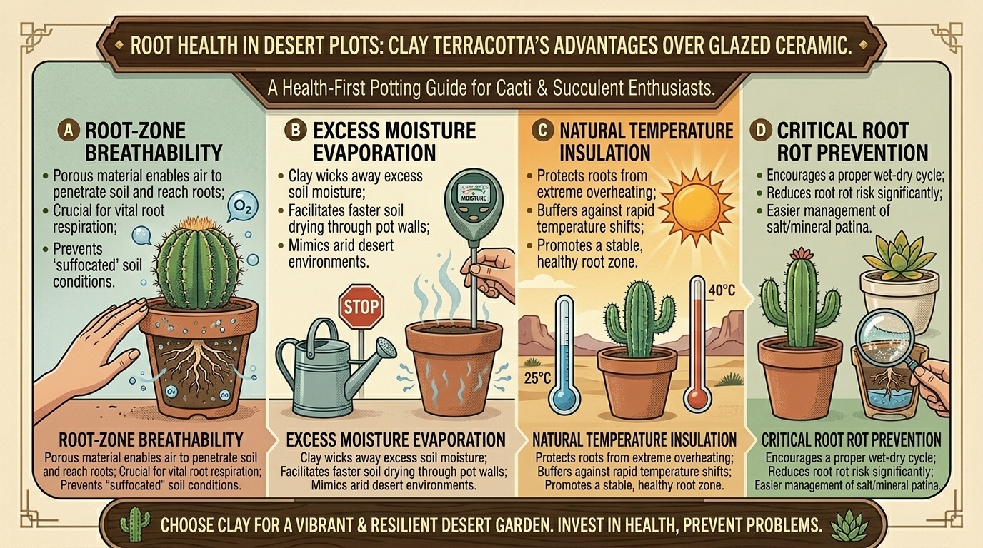 Why clay terracotta pots are healthier for desert cacti and succulents than glazed ceramic containers.