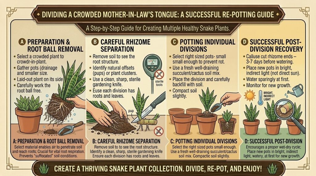 How to divide a crowded mother-in-law's tongue plant into multiple smaller pots successfully.