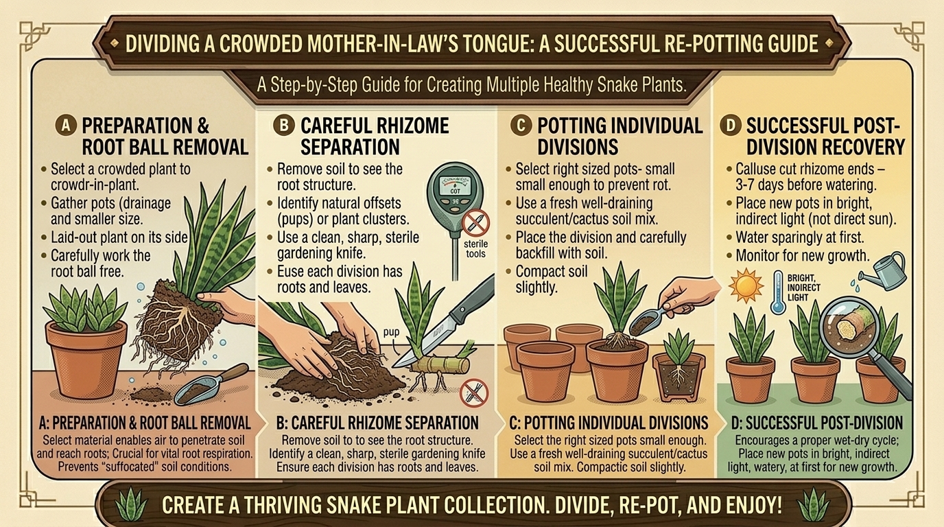 How to divide a crowded mother-in-law's tongue plant into multiple smaller pots successfully.