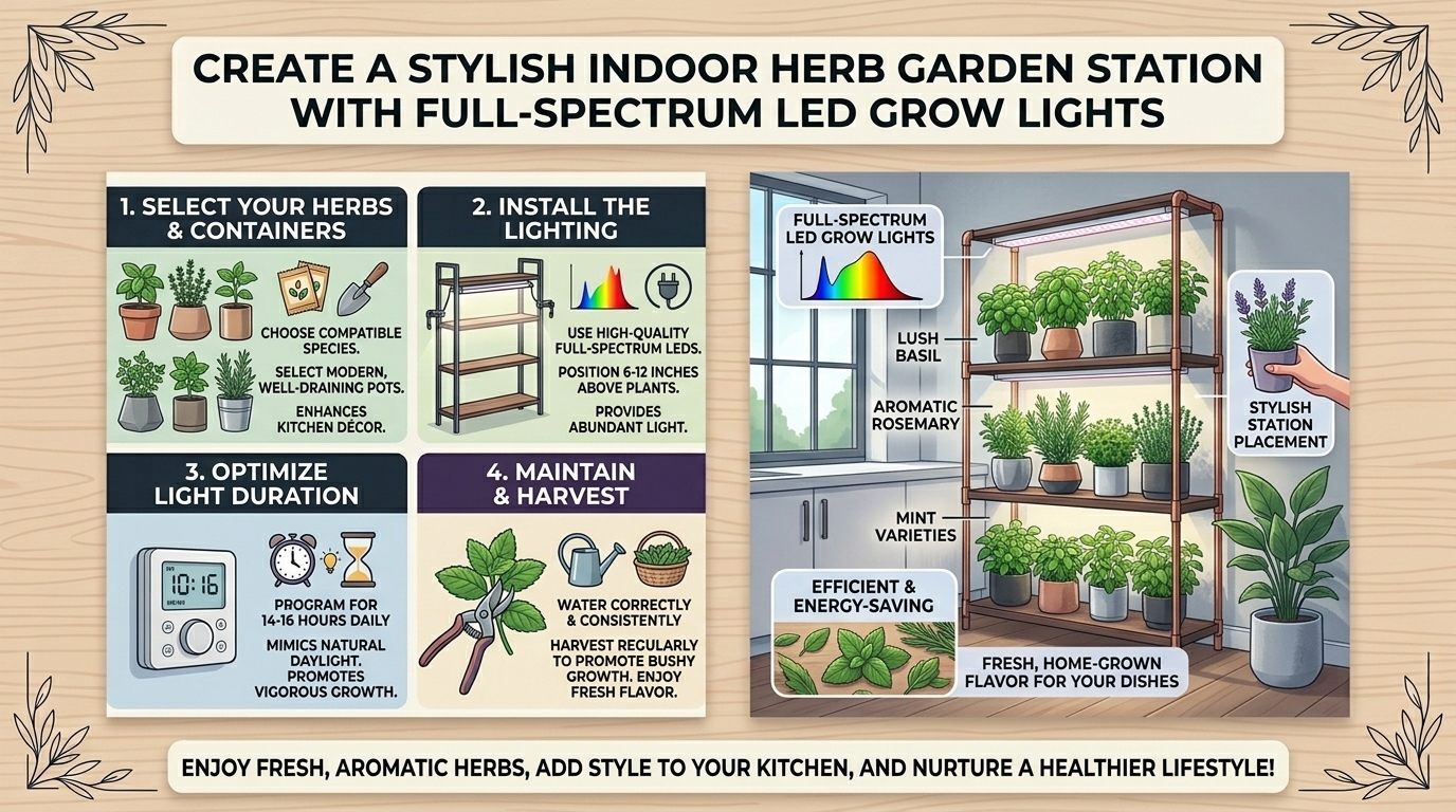 How to create a stylish indoor herb garden station with proper full-spectrum LED grow lights.