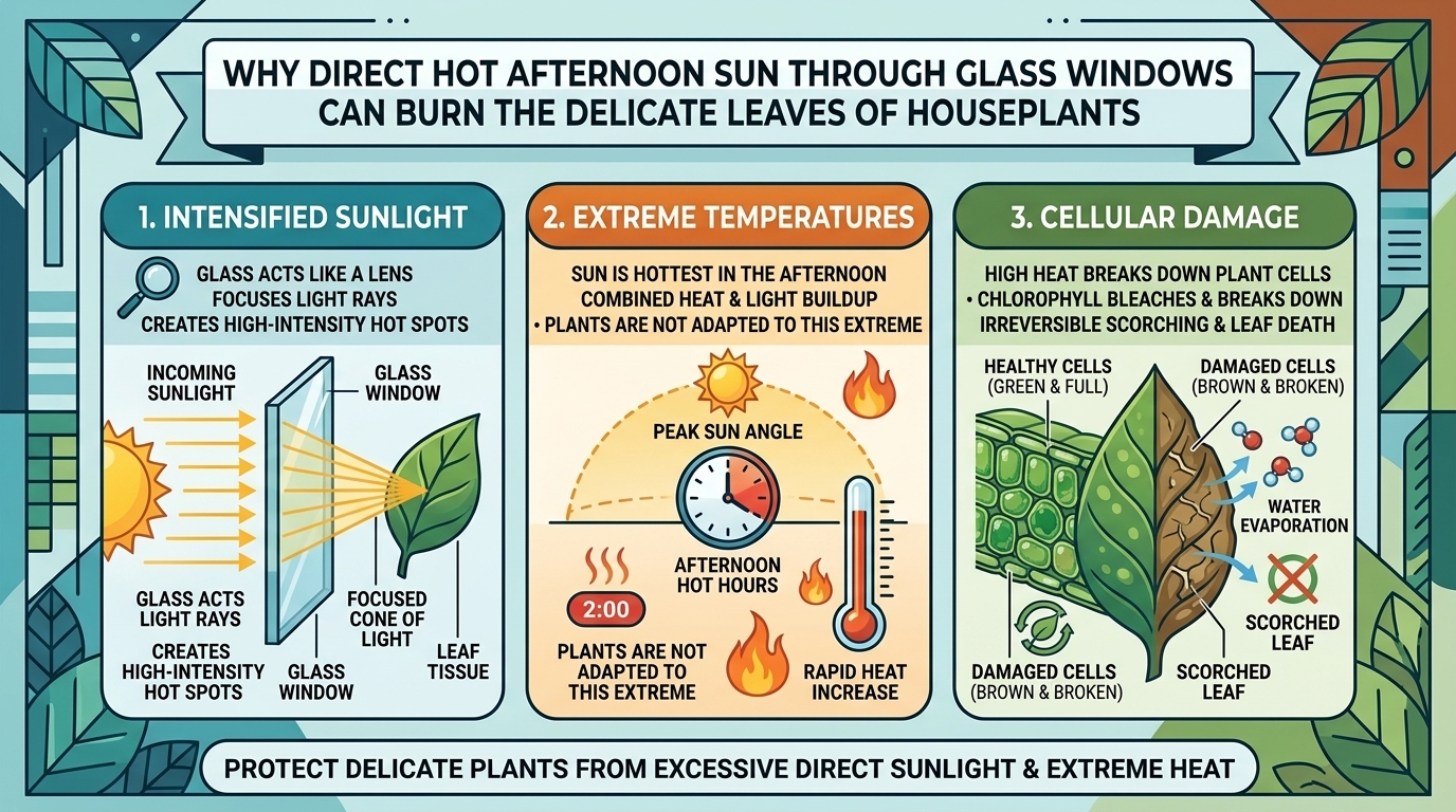Why direct hot afternoon sun through glass windows can burn the delicate leaves of houseplants.