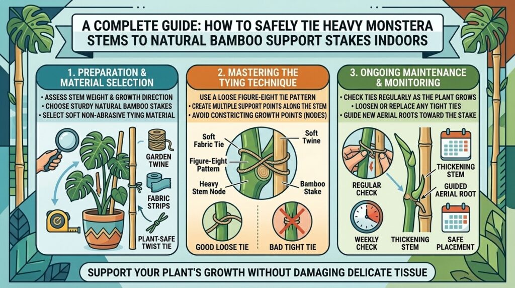 How to safely tie heavy stems of monstera plants to natural bamboo support stakes indoors.