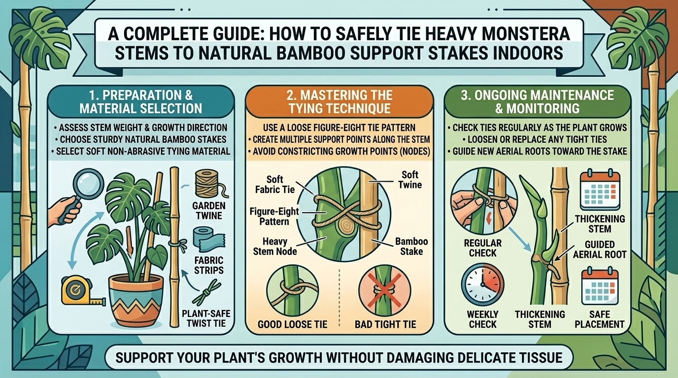 How to safely tie heavy stems of monstera plants to natural bamboo support stakes indoors.