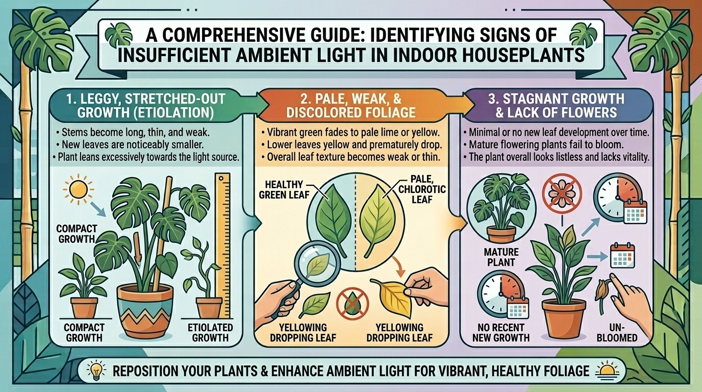 What are the top signs that your indoor houseplant is not receiving enough ambient light?