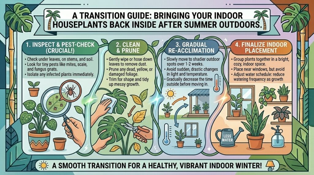 How to prepare indoor houseplants for indoor life after spending the warm summer outdoors.