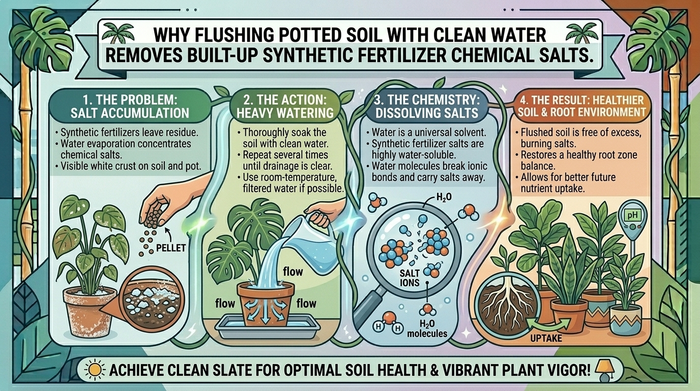 Why flushing indoor potted soil with clean water removes built-up synthetic fertilizer chemical salts.