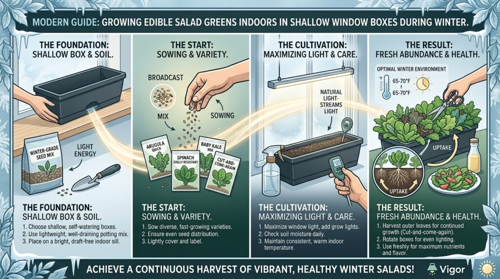 How to grow edible salad greens in shallow indoor window boxes during chilly winter months.