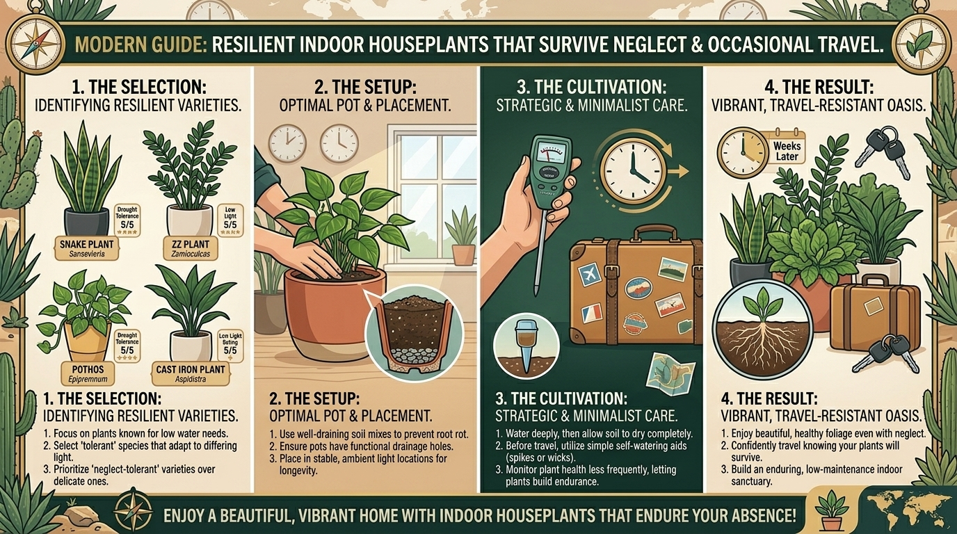 What are the best resilient indoor houseplants that can survive occasional travel and neglect.