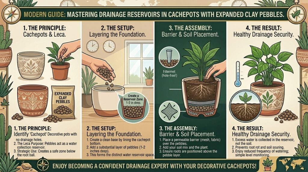 How to use expanded clay pebbles in the bottom of decorative cachepots to catch drainage water.