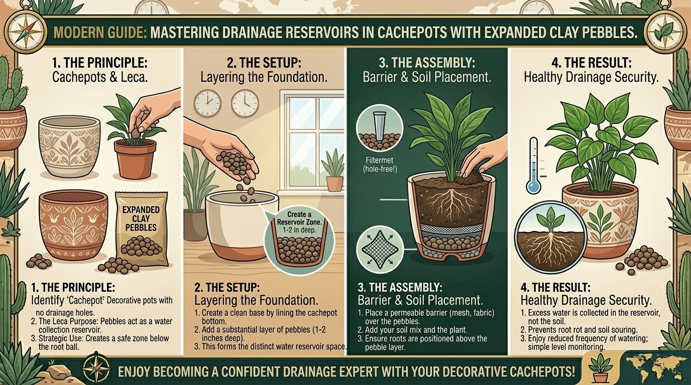 How to use expanded clay pebbles in the bottom of decorative cachepots to catch drainage water.