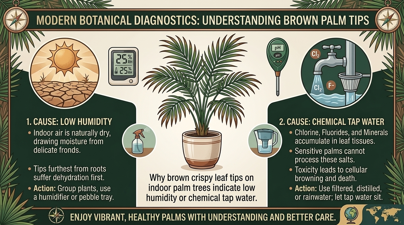 Why brown crispy leaf tips on indoor palm trees indicate low humidity or chemical tap water.