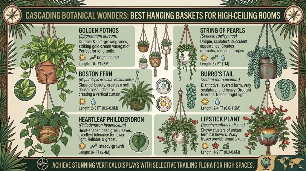 What are the best cascading indoor plants for hanging baskets in high-ceiling living rooms.