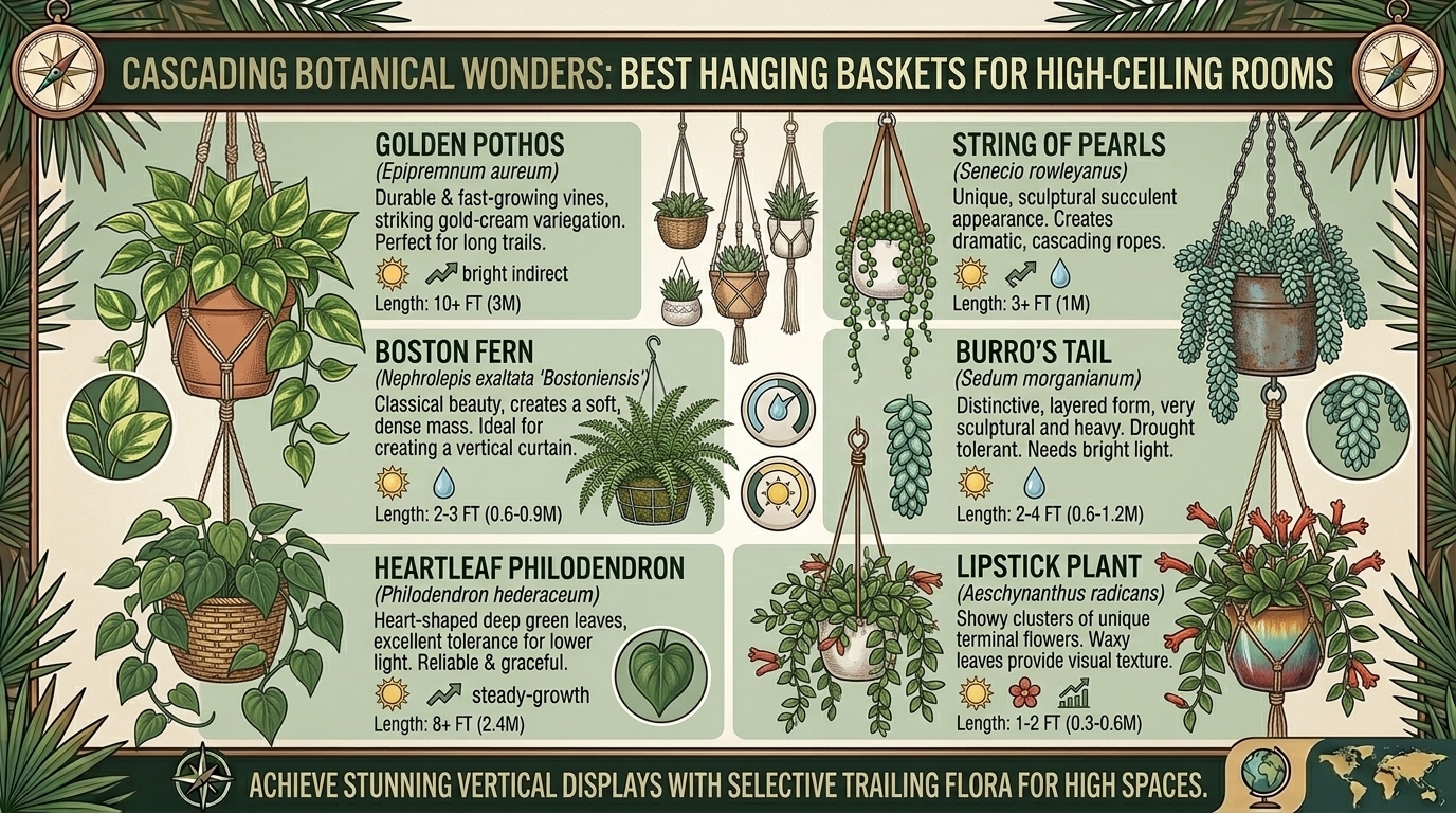 What are the best cascading indoor plants for hanging baskets in high-ceiling living rooms.