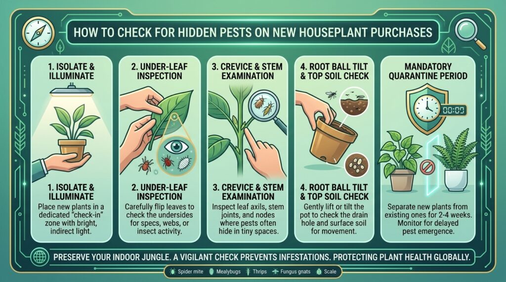 How to check for hidden pests on new indoor houseplant purchases before placing them home.