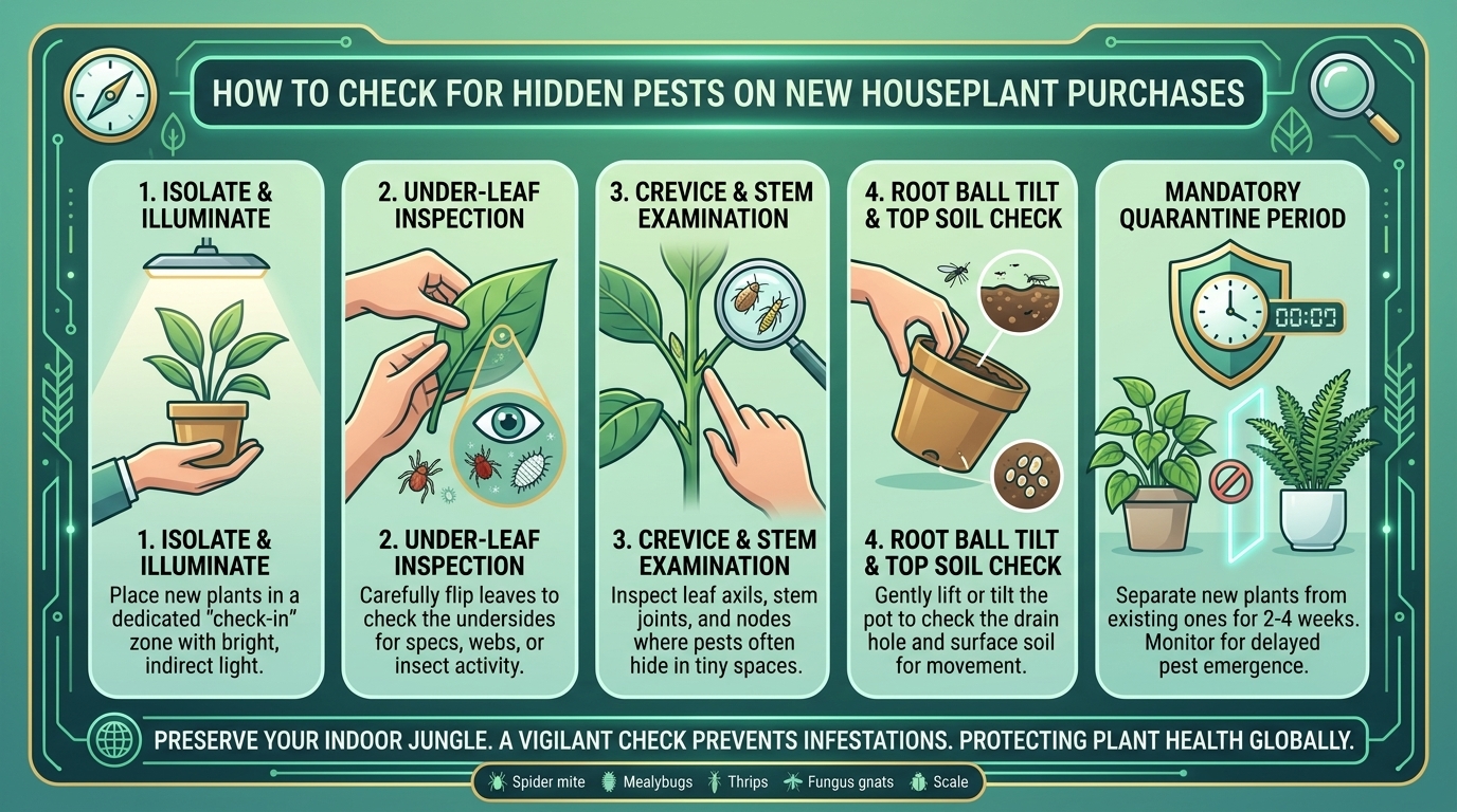 How to check for hidden pests on new indoor houseplant purchases before placing them home.