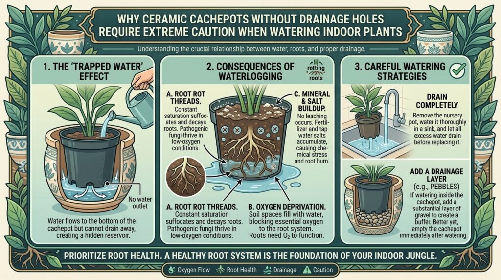 Why ceramic cachepots without drainage holes require extreme caution when watering indoor plants.