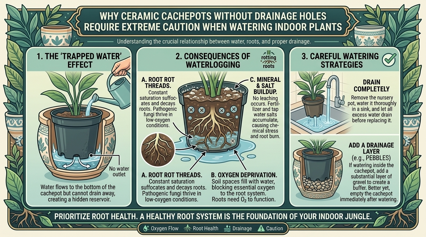 Why ceramic cachepots without drainage holes require extreme caution when watering indoor plants.