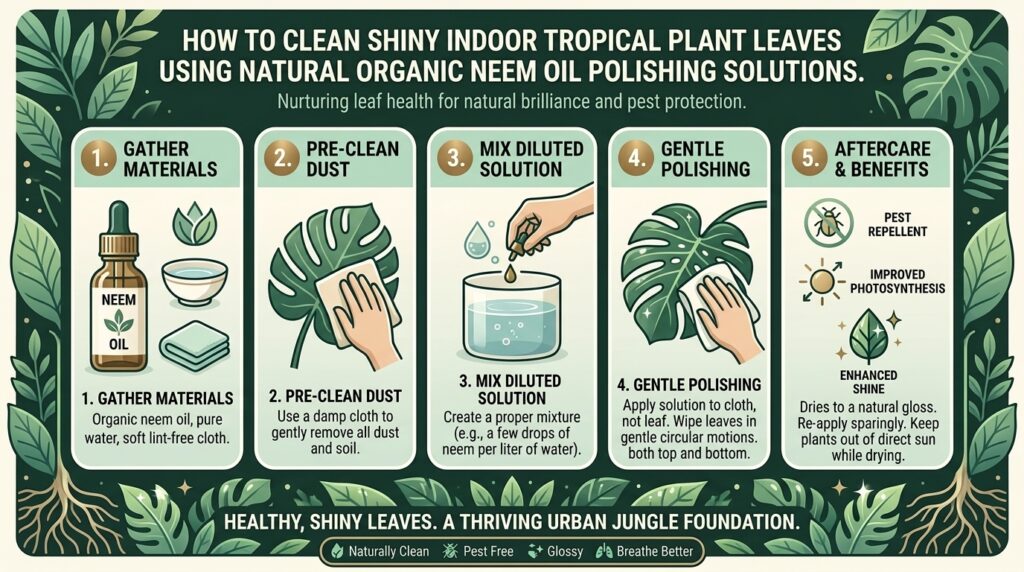 How to clean shiny indoor tropical plant leaves using natural organic neem oil polishing solutions.